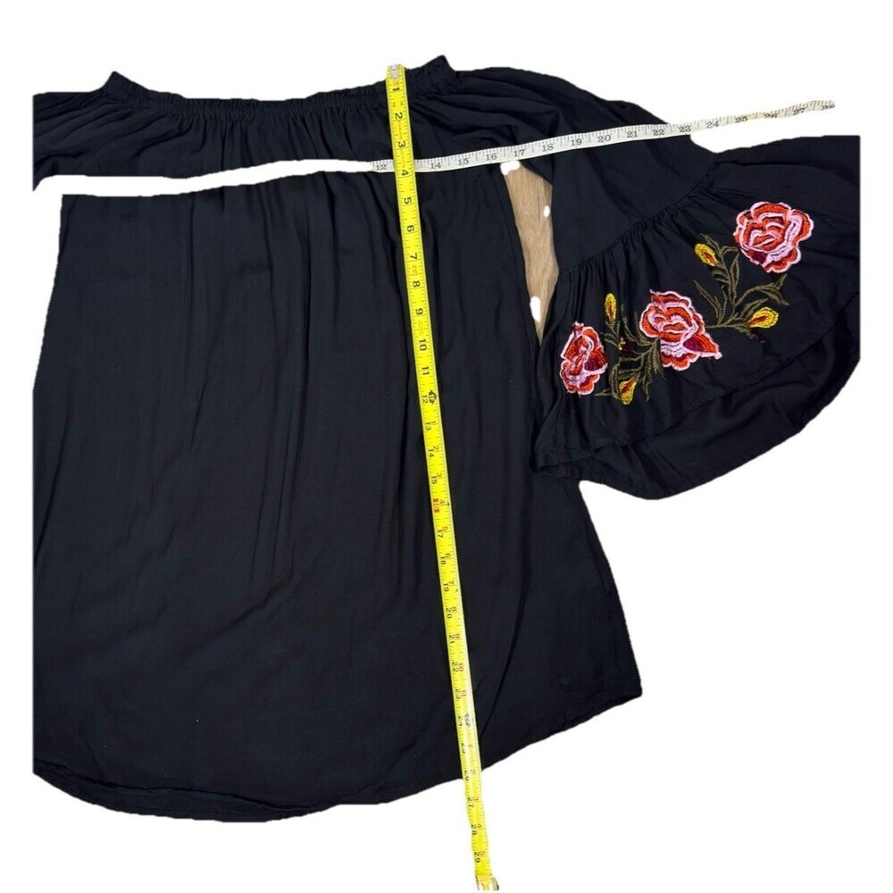 Feathers Boho Peasant Top Off Shoulder Embroidered Bell Sleeve Black S Tunic - Picture 6 of 8